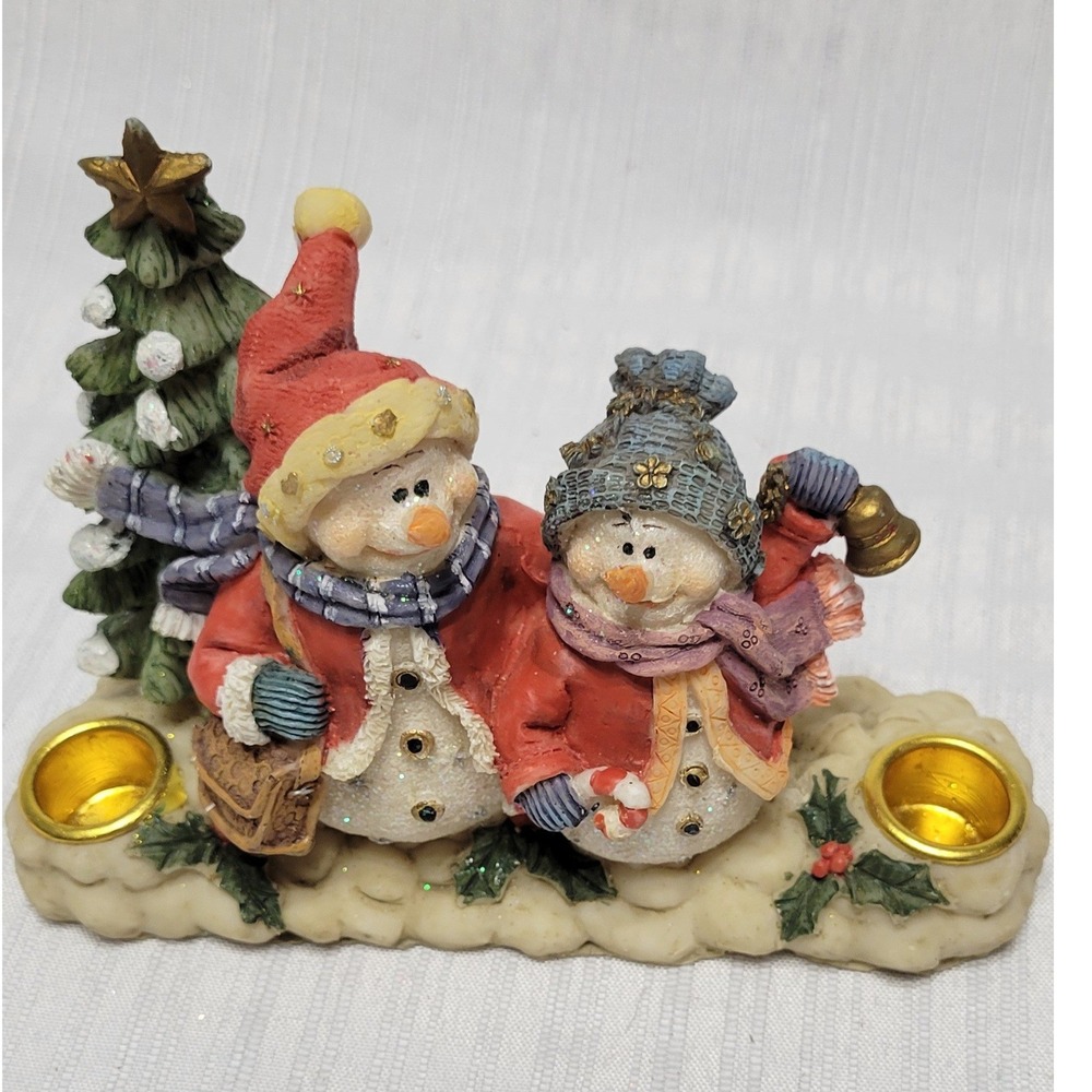 Vintage Christmas Snowman Couple Figurine Taper Candle Holder Resin Decor 5.5in